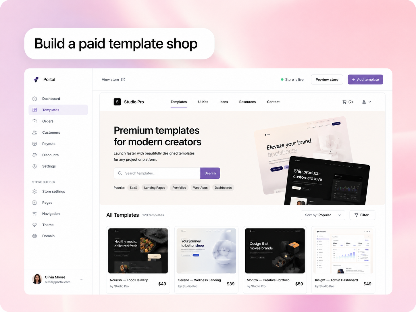 Preview Corya pour créer une boutique de templates payants